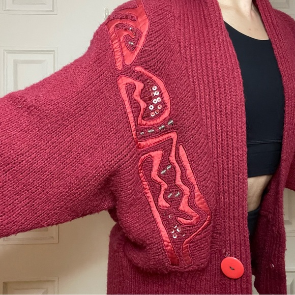 Vintage Embroidered Red Knit Oversized Cardigan - Picture 7 of 7